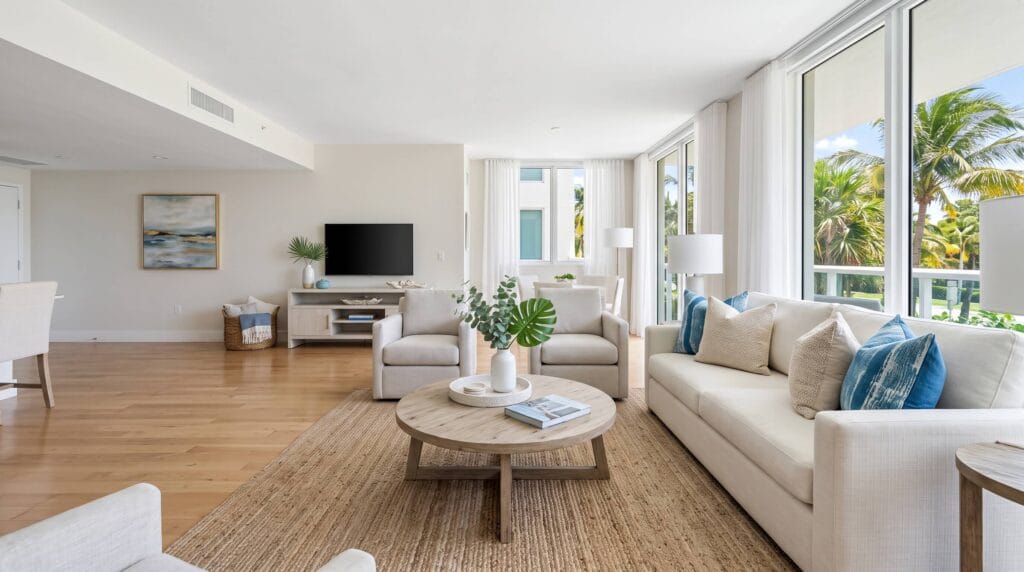 Freshly staged, spotless South Florida Airbnb living room ready for the next guest after a turnover clean