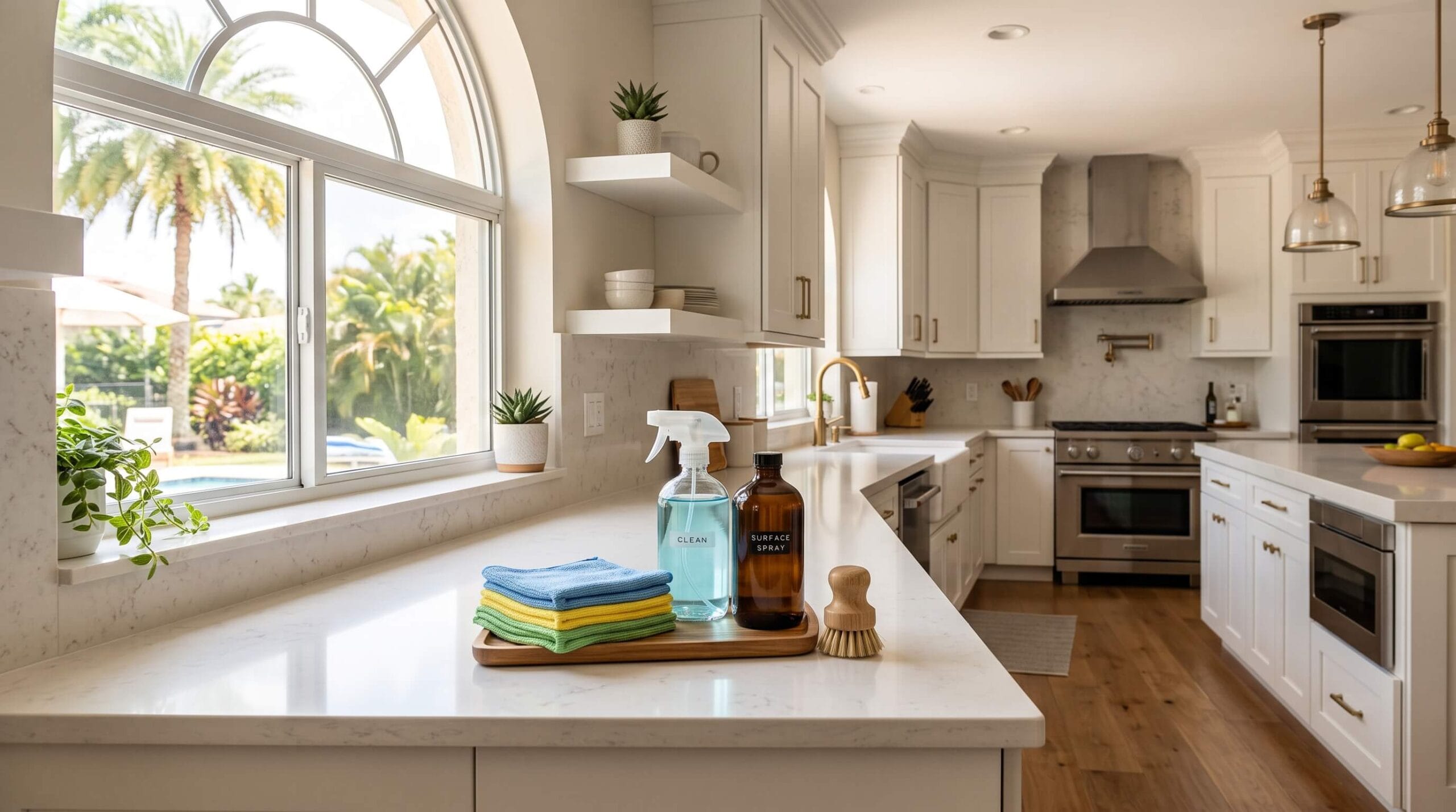 Bright South Florida kitchen with cleaning supplies, illustrating cleaning myths versus facts