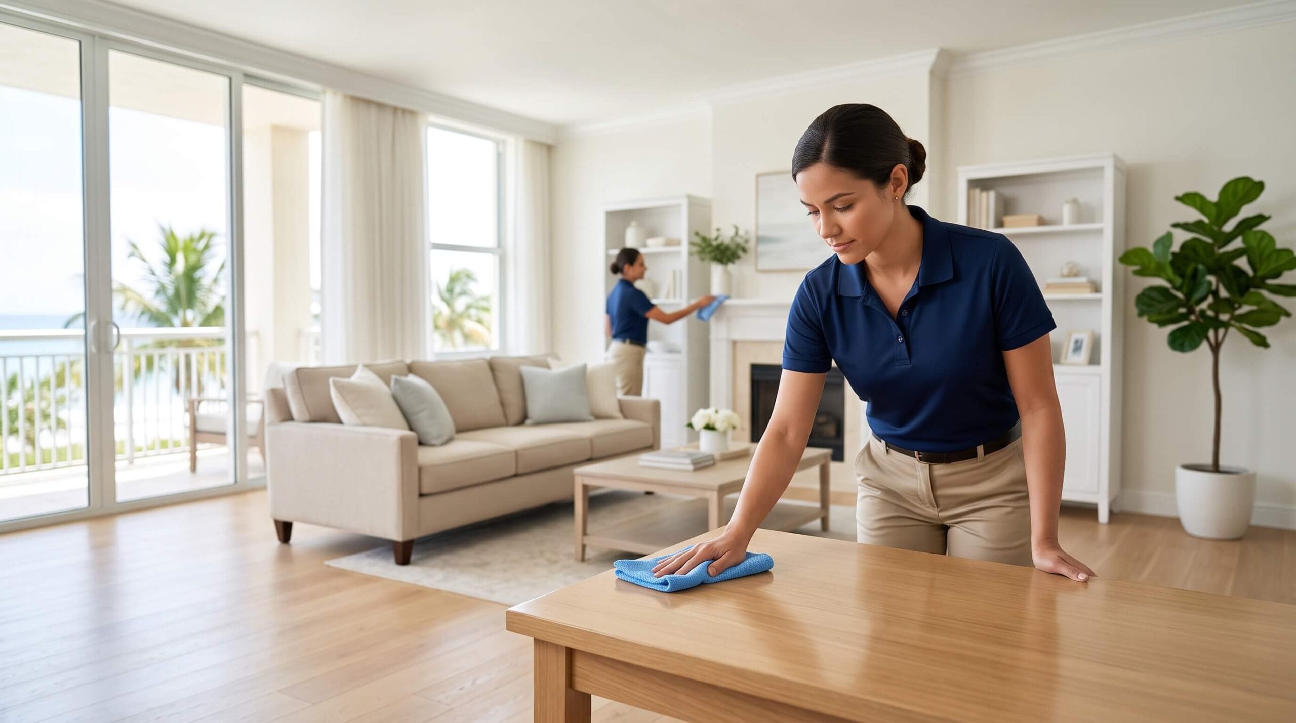 Professional cleaner wiping a surface in a bright modern South Florida living room, illustrating deep cleaning vs regular cleaning