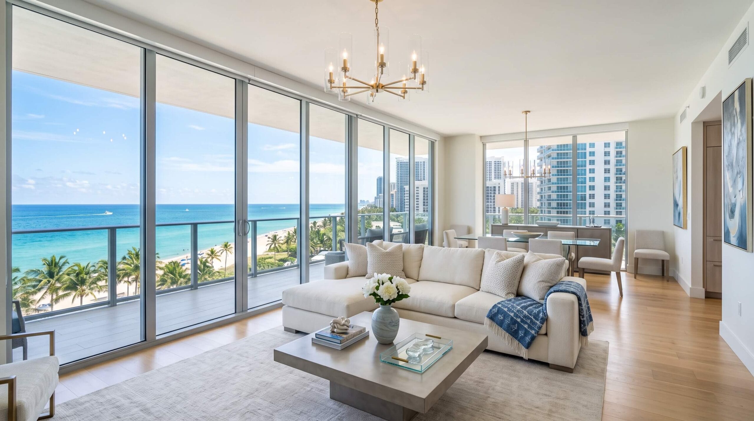 Bright, upscale Aventura and Sunny Isles Beach condo interior professionally cleaned with ocean light