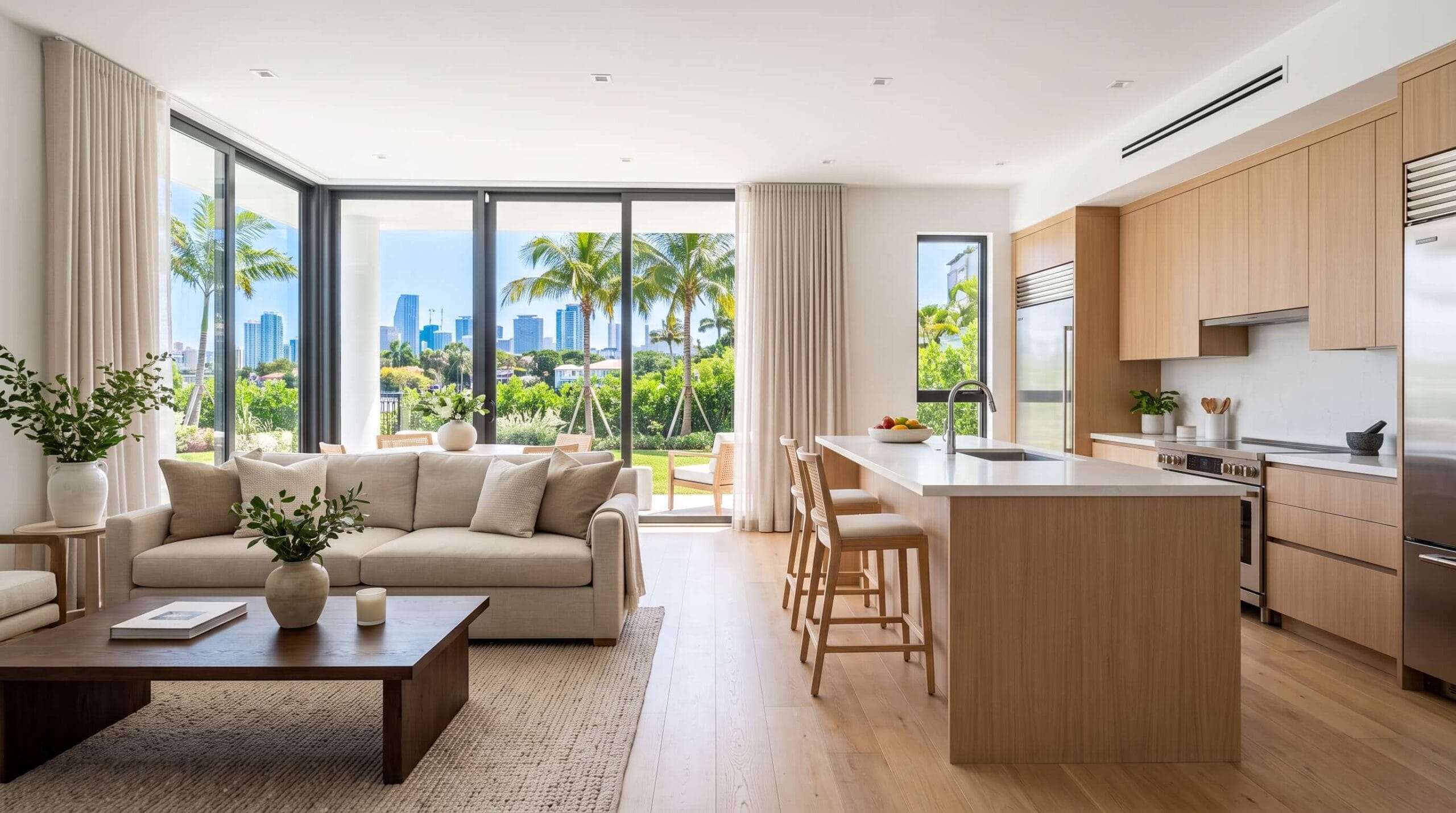 Bright, upscale Miami home interior representing house cleaning cost and value in South Florida