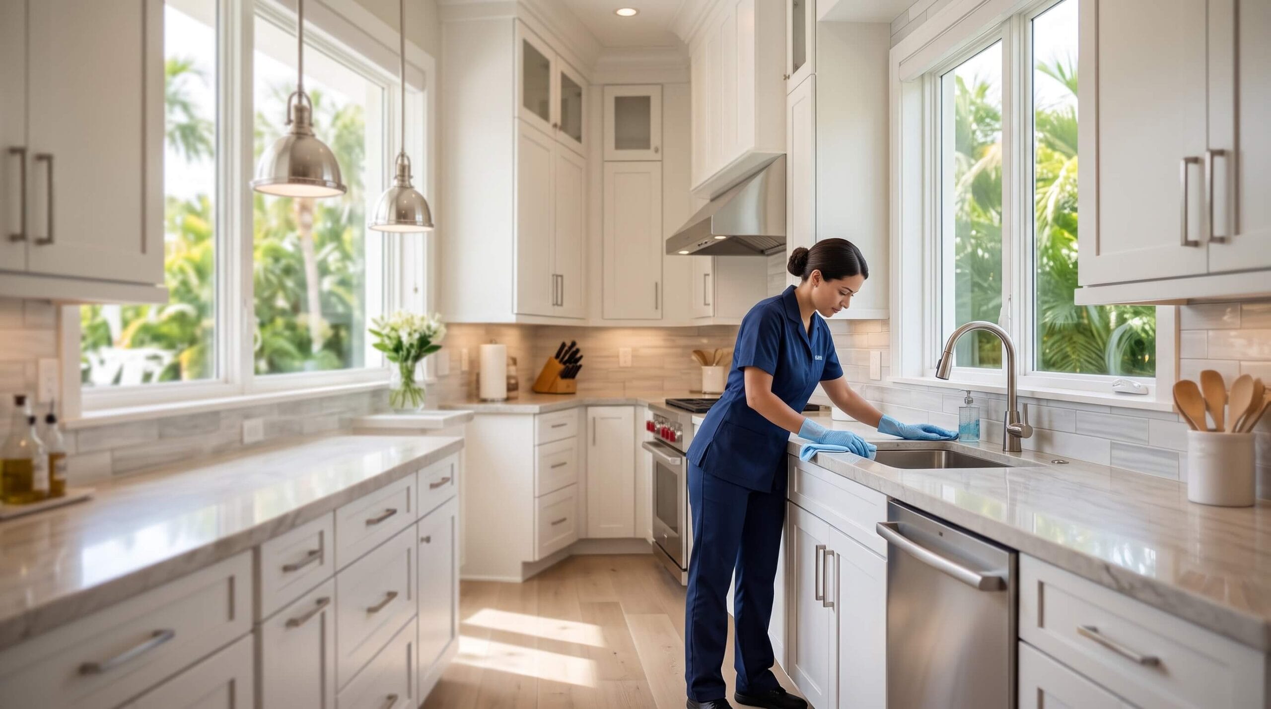 Professional deep cleaning an upscale South Florida kitchen, illustrating how often to deep clean a house