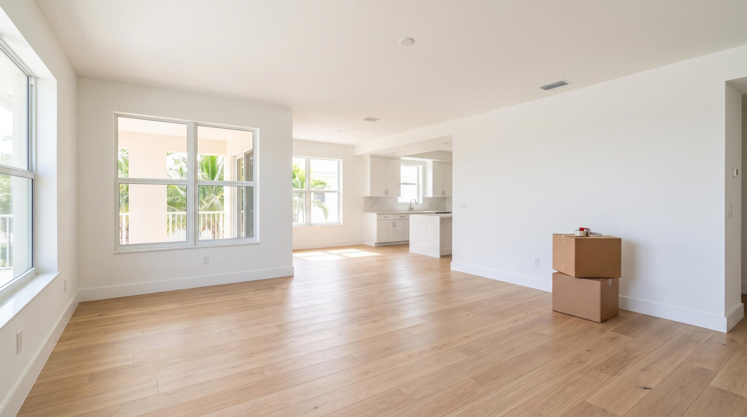 Empty, freshly cleaned South Florida home with sunlight and moving boxes, ready for move-in