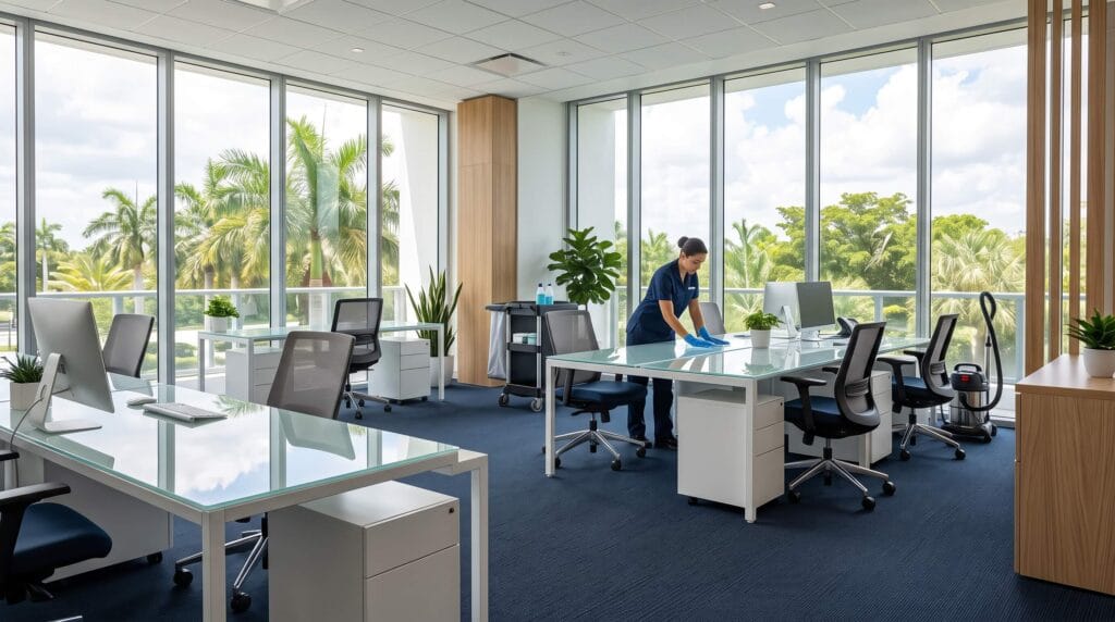 Bright, modern South Florida office being professionally cleaned with tidy desks and gleaming surfaces