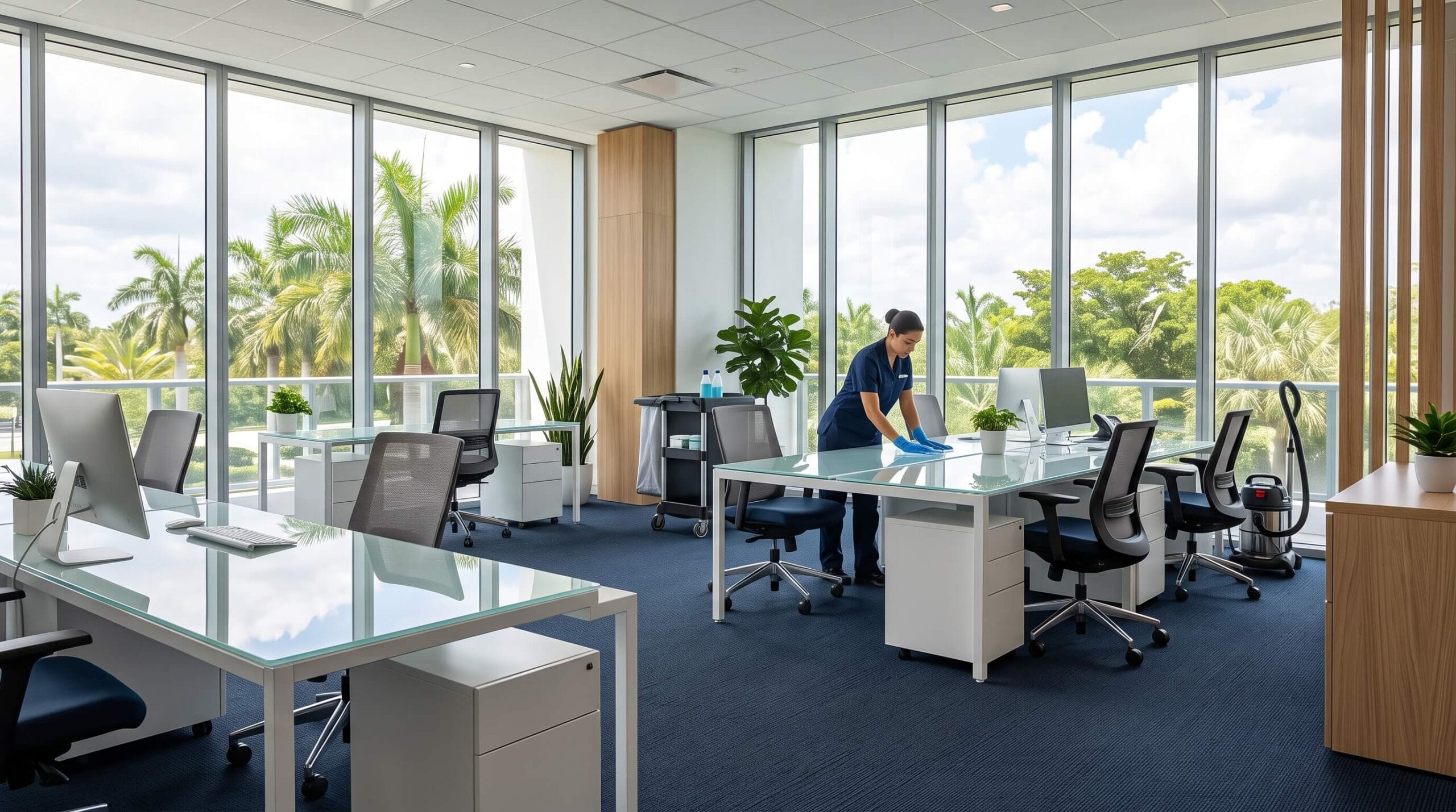 Bright, modern South Florida office being professionally cleaned with tidy desks and gleaming surfaces