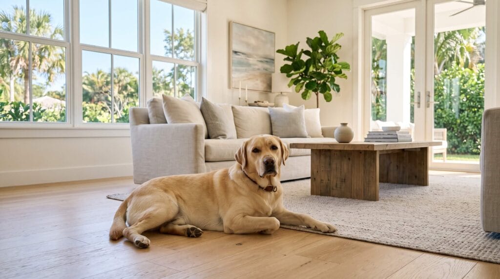 Happy dog resting in a clean, bright South Florida living room representing pet-friendly house cleaning