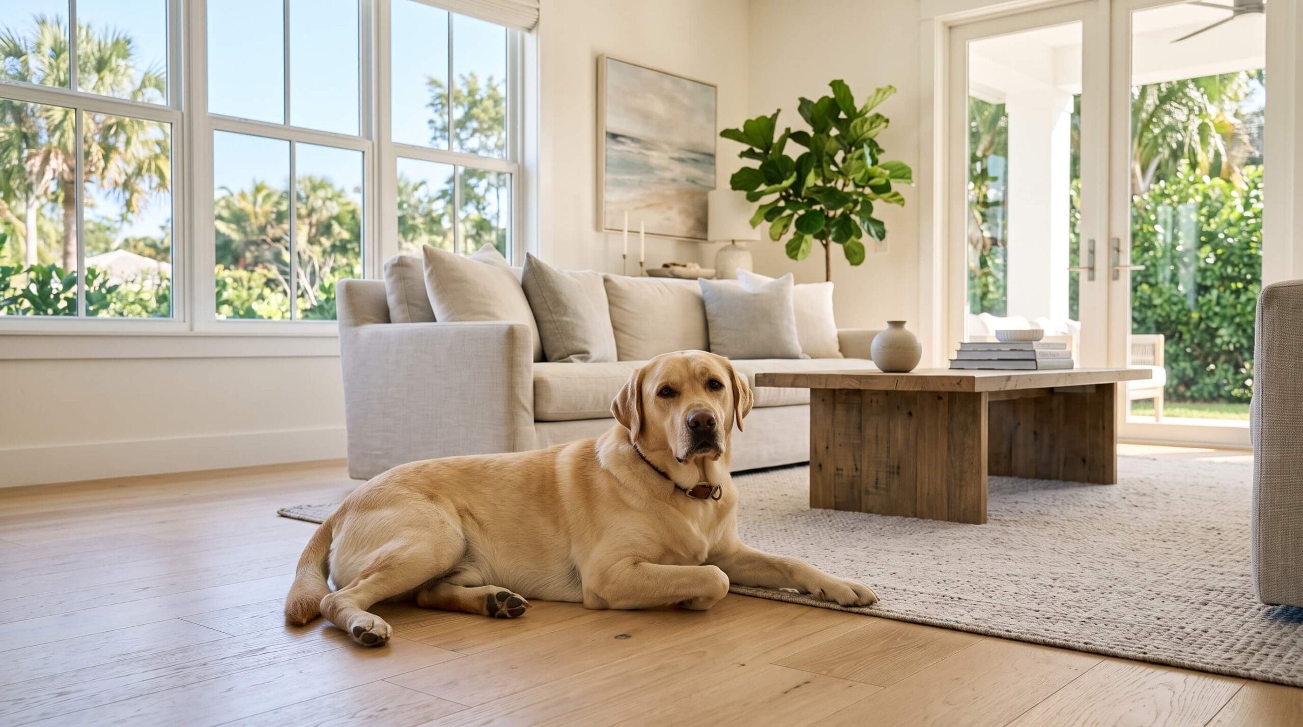 Happy dog resting in a clean, bright South Florida living room representing pet-friendly house cleaning