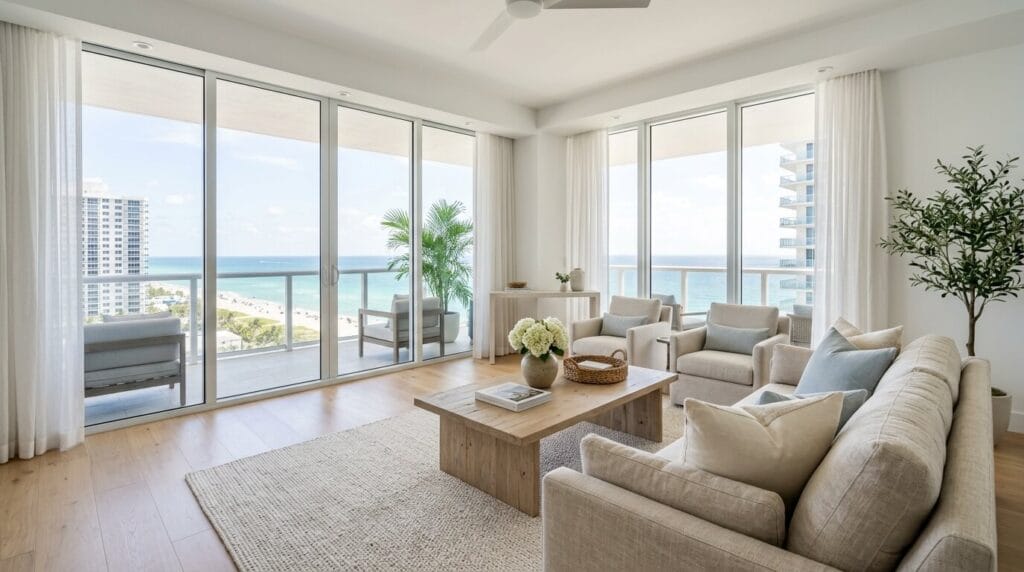 Freshly maintained sunlit living room in a South Florida condo reflecting a regular recurring cleaning schedule