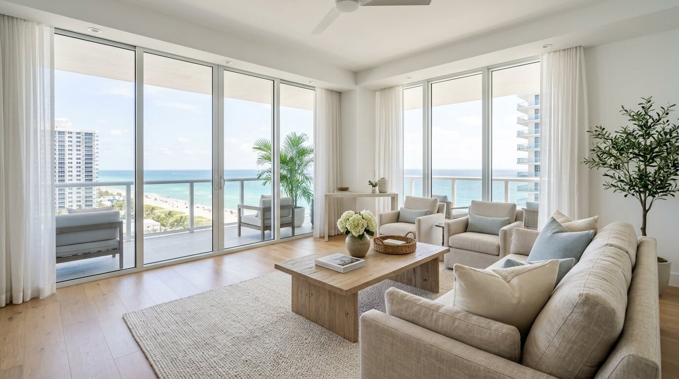 Freshly maintained sunlit living room in a South Florida condo reflecting a regular recurring cleaning schedule