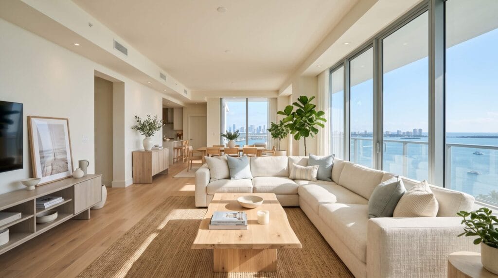 Bright, tidy South Florida living room and kitchen illustrating weekly, bi-weekly, and monthly cleaning options