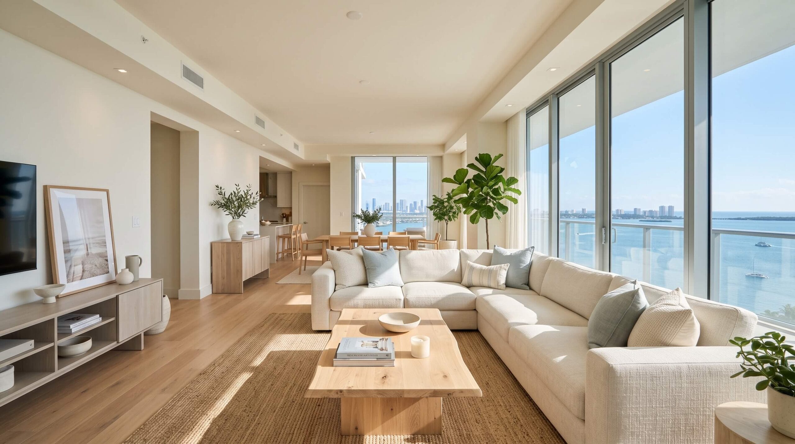 Bright, tidy South Florida living room and kitchen illustrating weekly, bi-weekly, and monthly cleaning options