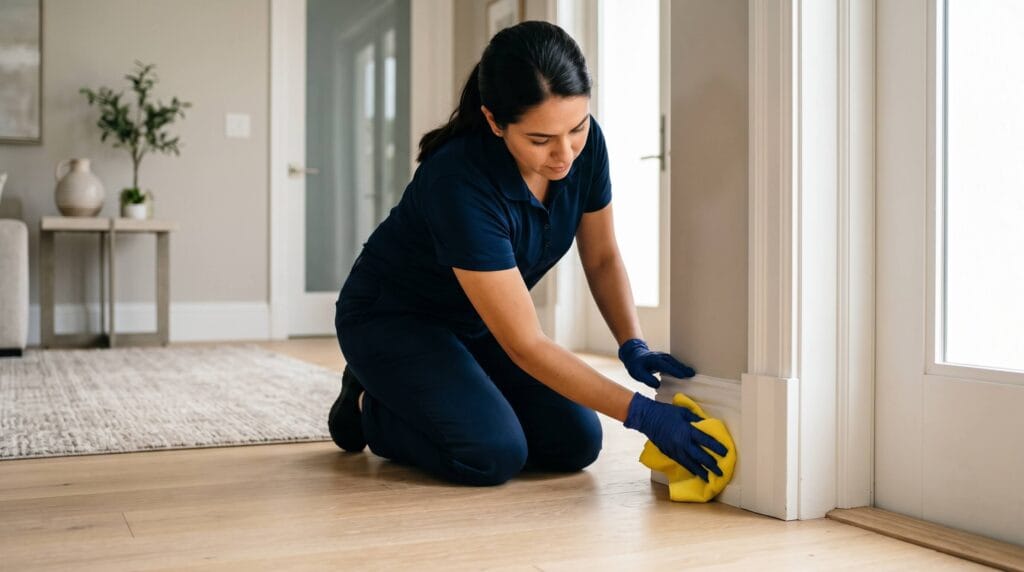 Professional detailing a baseboard and door frame during a deep cleaning service in a South Florida home