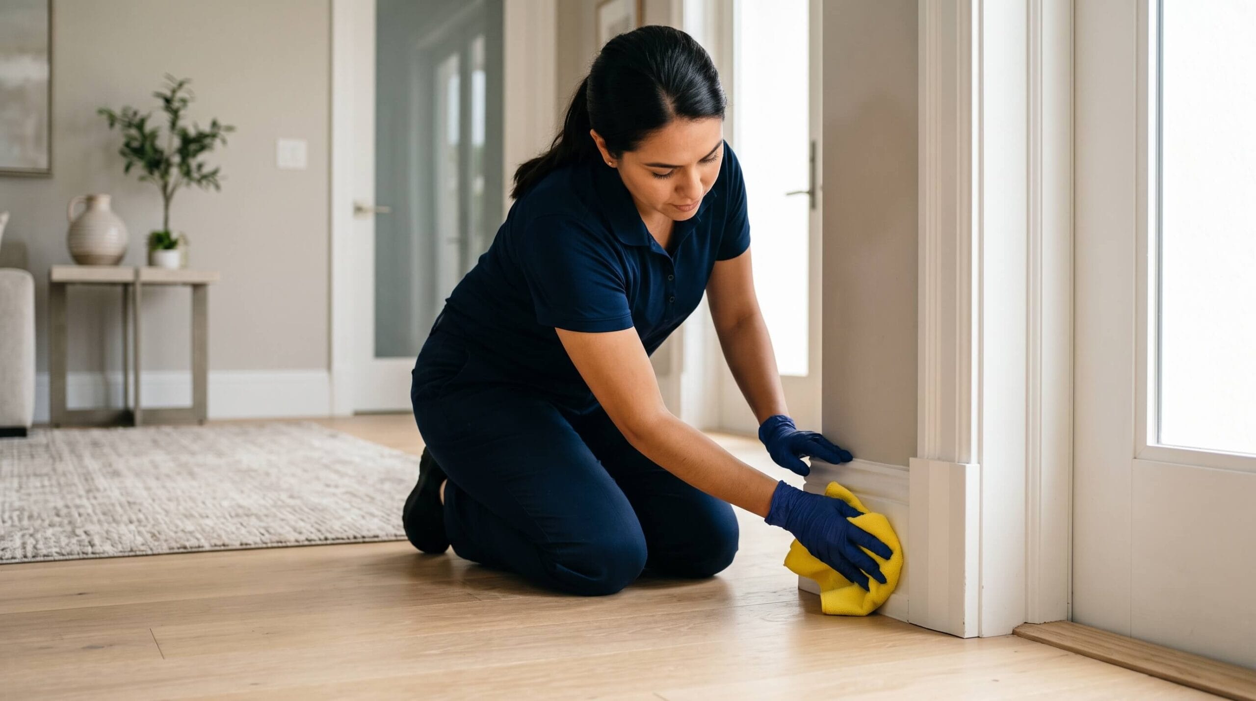 Professional detailing a baseboard and door frame during a deep cleaning service in a South Florida home